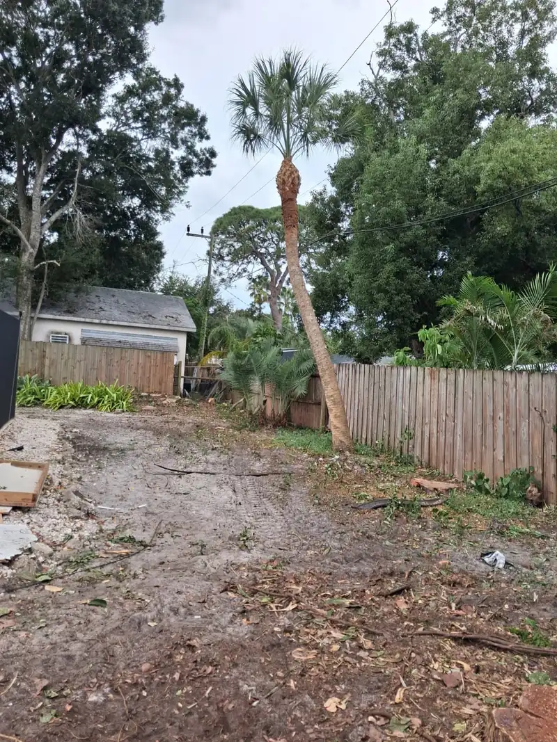 Backyard cleared of trees and brush along a wooden privacy fence